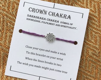 Crown Chakra Wish bracelet, Sahasrara linen charm bracelet, make a wish bracelet, lucky charm bracelet, zero waste.