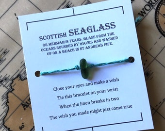 Green Scottish seaglass Wish bracelet, linen charm bracelet, make a wish bracelet, lucky charm bracelet, zero waste.