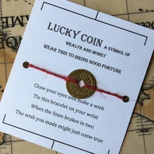 Lucky coin wish bracelet, wish bracelet, linen charm bracelet, make a wish bracelet, lucky charm bracelet, zero waste.