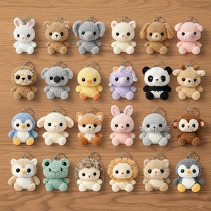 Puede incluir: Una colección de veintiún llaveros de animales de peluche. Los llaveros presentan varios animales, incluyendo un conejo, un oso, un koala, un perro, un cerdo, un pingüino, una oveja, un zorro, un conejo, un gato, un mono, un búho, una rana, un erizo, un león y un panda.