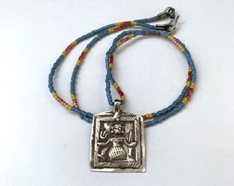 Hindi amulet beaded necklace, Hindu deity necklace, silver Hindu goddess necklace