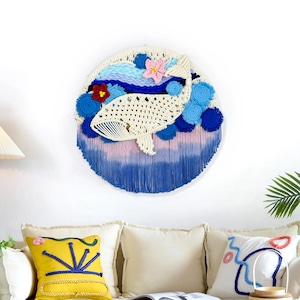 Macramé wanddecoratie, rond wandkunstwerk met walvispatroon