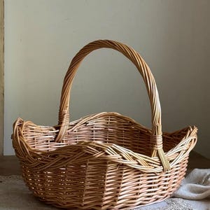 May include: A light brown woven wicker basket featuring a single arched handle and a scalloped, wavy rim design. The basket is constructed from natural reed material with a visible interlaced pattern throughout the body and base.