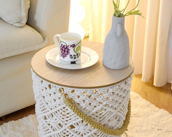 Mesita auxiliar, mesa redonda de macramé con cesta de almacenamiento, muebles de dormitorio.