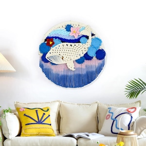 Tapeçaria de parede grande em macramê, tapeçaria de arte em fibra redonda tecida à mão com padrão de baleia, tapeçaria para cabeceira de cama.