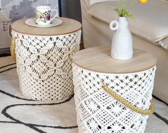 End Table, Macrame Round Side Table with Storage Basket, Picnic Baskets