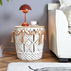 End Table, Macrame Round Side Table with Storage Basket, Toy Baskets