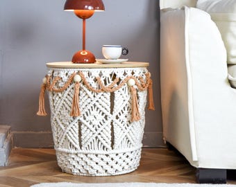 Mesita auxiliar, mesa redonda de macramé con cesta de almacenamiento, cestas para juguetes.