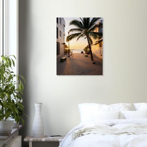 May include: A photograph of a coastal street scene at sunset. A palm tree stands on the right, with a bicycle parked near a building on the left. The street is paved with square stones, and the sky is a warm orange.