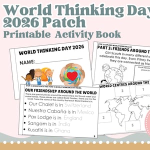 May include: A printable activity book for World Thinking Day 2026. The cover features the title and a pink logo. Inside, there are pages with activities about friendship around the world, including a world map and a list of World Centres.