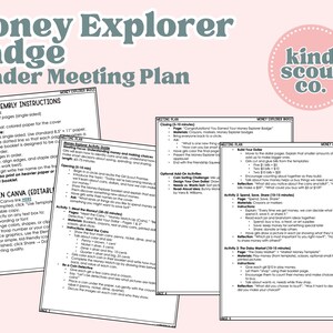 May include: A pink and white flyer titled "Money Explorer Badge Leader Meeting Plan" with instructions and meeting plans. The flyer includes text about booklet assembly, editing in Canva, and activity guides for money management.