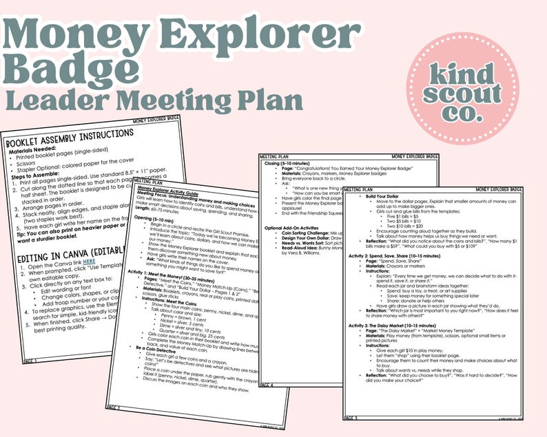 May include: A pink and white flyer titled "Money Explorer Badge Leader Meeting Plan" with instructions and meeting plans. The flyer includes text about booklet assembly, editing in Canva, and activity guides for money management.