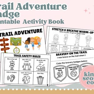 K&ouml;nnte beinhalten: Ein druckbares Aktivit&auml;tsbuch mit dem Titel "Trail Adventure Badge" mit Illustrationen und Text. Das Buch enth&auml;lt Abschnitte zu Trailsicherheit, Aufw&auml;rm&uuml;bungen und Tapferkeitsabzeichen. Das Cover zeigt den Text "Trail Adventure" und Illustrationen von Kindern.