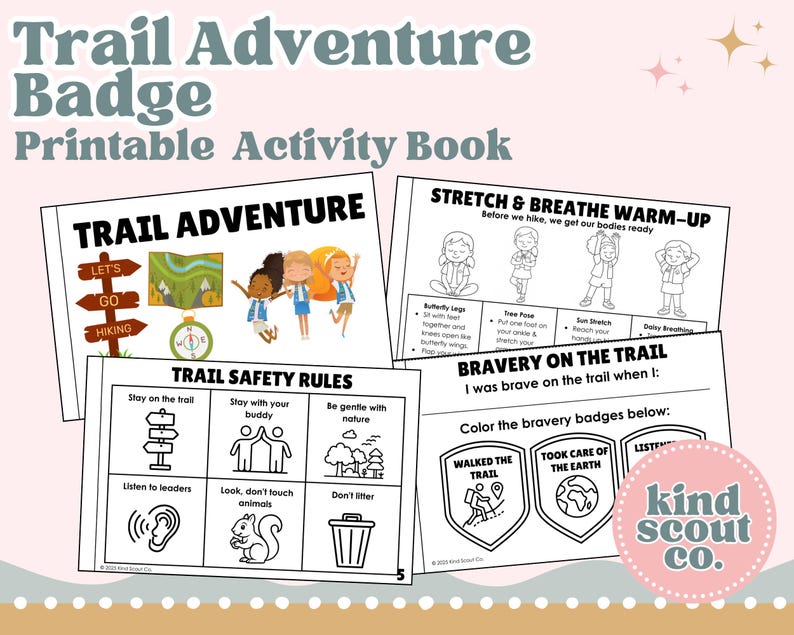 K&ouml;nnte beinhalten: Ein druckbares Aktivit&auml;tsbuch mit dem Titel "Trail Adventure Badge" mit Illustrationen und Text. Das Buch enth&auml;lt Abschnitte zu Trailsicherheit, Aufw&auml;rm&uuml;bungen und Tapferkeitsabzeichen. Das Cover zeigt den Text "Trail Adventure" und Illustrationen von Kindern.