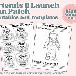 Puede incluir: Plantillas imprimibles de parches divertidos Artemis II Launch. Incluye una p&aacute;gina de seis parches en blanco y negro con un cohete y el texto "Watched the Artemis II Launch! Mission Complete!" y una p&aacute;gina para colorear de astronautas.