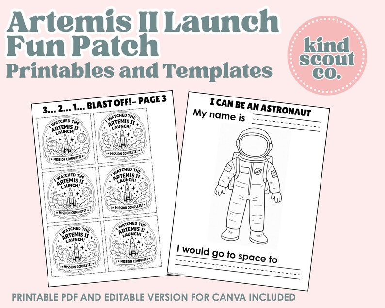 Puede incluir: Plantillas imprimibles de parches divertidos Artemis II Launch. Incluye una p&aacute;gina de seis parches en blanco y negro con un cohete y el texto "Watched the Artemis II Launch! Mission Complete!" y una p&aacute;gina para colorear de astronautas.