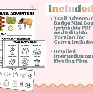 K&ouml;nnte beinhalten: Ein druckbares Trail Adventure Badge Mini Book mit einer Natur-Schnitzeljagd und Wanderweg-Sicherheitsregeln. Der enthaltene Text lautet: "enthalten: Trail Adventure Badge Mini Book (druckbares PDF und editierbare Version f&uuml;r Canva enthalten) und detaillierte Anweisungen und Meeting Plan."