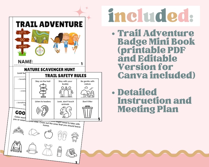 K&ouml;nnte beinhalten: Ein druckbares Trail Adventure Badge Mini Book mit einer Natur-Schnitzeljagd und Wanderweg-Sicherheitsregeln. Der enthaltene Text lautet: "enthalten: Trail Adventure Badge Mini Book (druckbares PDF und editierbare Version f&uuml;r Canva enthalten) und detaillierte Anweisungen und Meeting Plan."