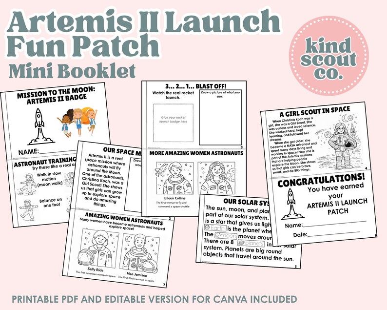 Cuaderno de actividades de lanzamiento de Artemis II, imprimible para tropas Daisy y Brownie, parche Scout, Girl Scouts imagen 3