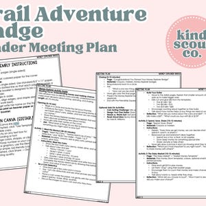 K&ouml;nnte beinhalten: Mehrere bedruckte Seiten mit dem Titel "Trail Adventure Badge Leader Meeting Plan" mit Anweisungen und Aktivit&auml;tsf&uuml;hrern. Die Seiten enthalten Text und sind f&uuml;r ein Pfadfinderprogramm konzipiert, mit einem rosa Logo "kind scout co."