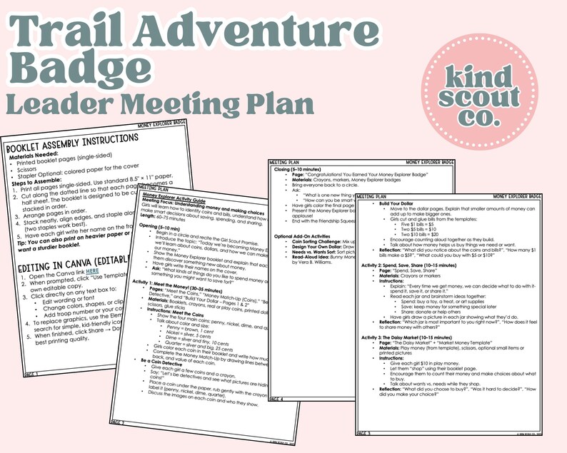 K&ouml;nnte beinhalten: Mehrere bedruckte Seiten mit dem Titel "Trail Adventure Badge Leader Meeting Plan" mit Anweisungen und Aktivit&auml;tsf&uuml;hrern. Die Seiten enthalten Text und sind f&uuml;r ein Pfadfinderprogramm konzipiert, mit einem rosa Logo "kind scout co."