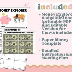 May include: A pink piggy bank and illustrations of children are featured on the cover of a "Money Explorer" activity book. The book includes a money matching game with a template for paper money and a detailed instruction plan.