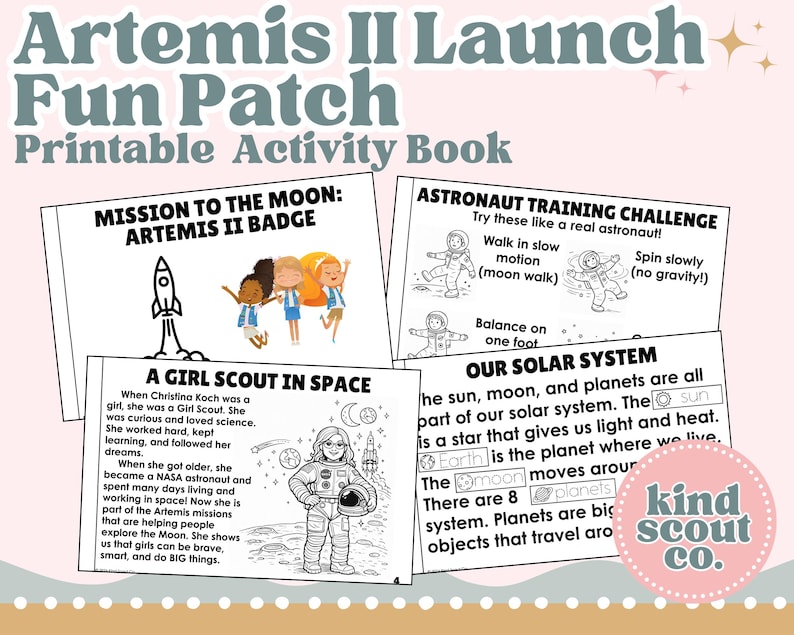 Cuaderno de actividades de lanzamiento de Artemis II, imprimible para tropas Daisy y Brownie, parche Scout, Girl Scouts imagen 1