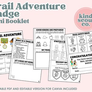 K&ouml;nnte beinhalten: Ein druckbares Trail Adventure Badge Mini-Booklet mit Seiten f&uuml;r Natur-Schnitzeljagden, Wanderweg-Sicherheitsregeln und Zeichenaktivit&auml;ten. Das Booklet enth&auml;lt den Text "Trail Adventure Badge Mini Booklet" und "Kind Scout Co."