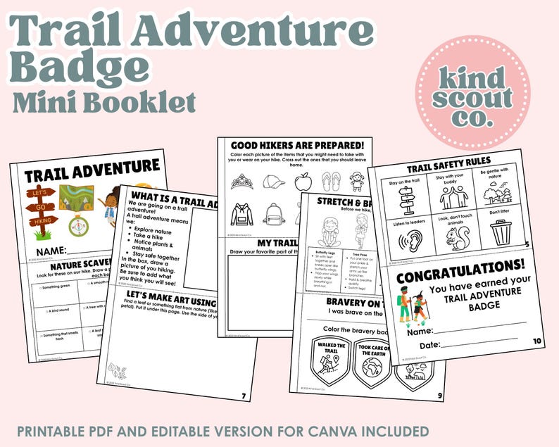 K&ouml;nnte beinhalten: Ein druckbares Trail Adventure Badge Mini-Booklet mit Seiten f&uuml;r Natur-Schnitzeljagden, Wanderweg-Sicherheitsregeln und Zeichenaktivit&auml;ten. Das Booklet enth&auml;lt den Text "Trail Adventure Badge Mini Booklet" und "Kind Scout Co."