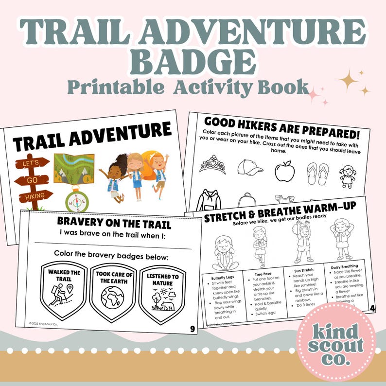 K&ouml;nnte beinhalten: Ein druckbares Aktivit&auml;tsbuch mit dem Titel "Trail Adventure Badge" mit Illustrationen von Wanderungen, Abzeichen und Aufw&auml;rm&uuml;bungen. Das Buch enth&auml;lt Texte wie "Good Hikers Are Prepared!" und "Bravery on the Trail."