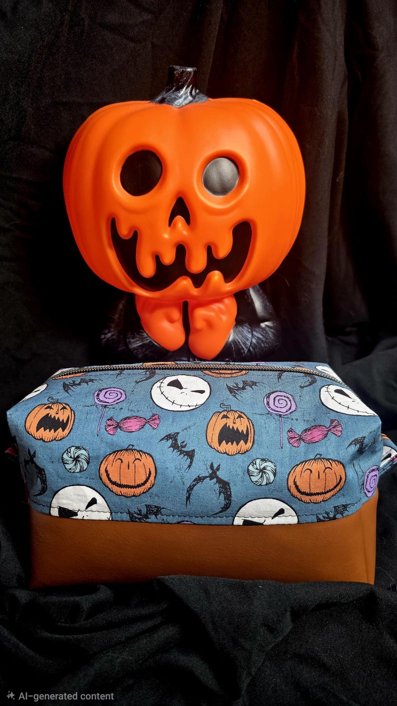 May include: An orange plastic jack-o'-lantern sits above a Halloween-themed cosmetic bag. The bag features a blue fabric top with pumpkin, candy, and bat patterns, and a brown leather bottom. The background is black.