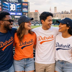 May include: Four individuals wearing Detroit-themed apparel at a baseball stadium. Two wear navy blue t-shirts with orange Detroit script, one wears an orange t-shirt with navy blue Detroit script, and one wears a white t-shirt with navy blue Detroit script.