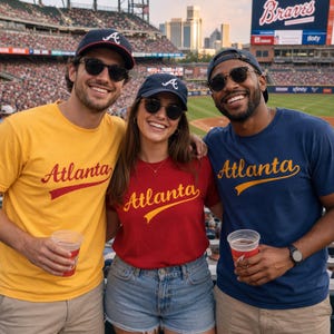 May include: Three individuals wearing Atlanta baseball t-shirts in yellow, red, and navy blue, paired with matching navy blue baseball caps featuring the Atlanta Braves logo. Each shirt displays the word Atlanta in a cursive script font across the chest.
