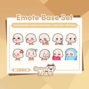 Puede incluir: Un conjunto de arte digital titulado "Emote Base Set" que presenta 10 caras de dibujos animados con diversas expresiones, incluyendo llanto, ira y amor. El conjunto incluye una licencia comercial y mide 1200x1200 píxeles. El logotipo del artista está en la parte inferior derecha.