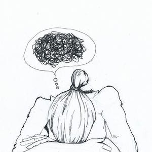 May include: A black and white line drawing of a figure with hair tied in a bun, resting their head on their arms. Above the head is a thought bubble filled with a dense, chaotic tangle of scribbled lines, representing a complex mental state.