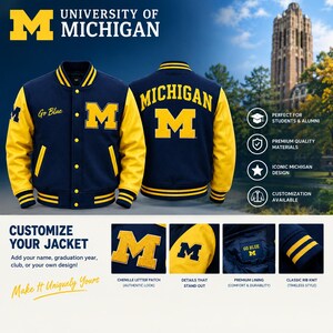 Custom Michigan Wolverines Varsity Jacket, Personalized College Jacket, Maize & Navy Letterman Jacket, University Inspired Jacket,