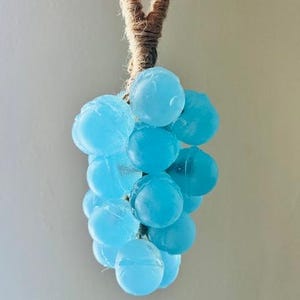 Może przedstawiać: Grona jasnoniebieskich, kulistych koralików przypominających winogrona, zawieszone na brązowym sznurkowym trzonie. Koraliki mają lekko przezroczystą jakość, a sznurek jest ciasno owinięty. Tło jest neutralne, w kolorze złamanej bieli.
