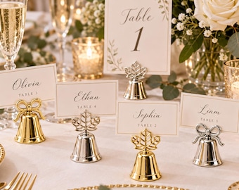Gouden belvormige plaatskaarthouder, tafeldecoratie voor bruiloft, metalen naamkaartjeshouder, elegante tafelsetting voor receptie, decoratie voor vrijgezellenfeest