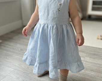 Embroidery Linen Baby and Toddler Dress, Linen Girl Dress, Loose Summer Dress, Boho Baby Dress, Flower Girl Dress, Washed Linen, Linen Dress