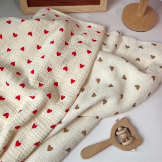 Soft romantic muslin - fabric for sewing - 100% Cotton material - Small Heart Print