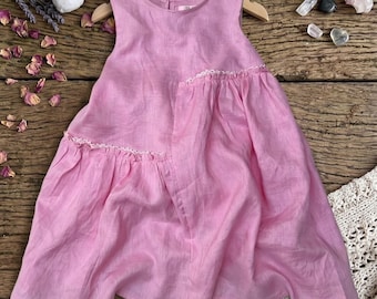 Robe bébé en lin, robe d'été bohème pour fille, jupe asymétrique ornée de dentelle