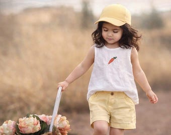 Linen Shirt Sleeveless Embroidery Carrot Unisex Kids Top Linen Baby and Toddler, Linen Girl Shirt, Loose Summer Shirt