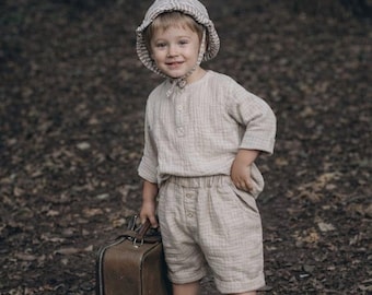 Set Muslin Shirt Haft Sleeve and Short Unisex Kids Top Linen Baby and Toddler, Loose Summer Shirt and Short
