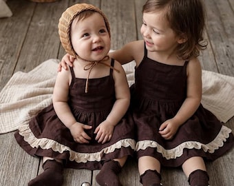 Chocolate Pure Linen Toddler Dress with Lace Trim, Rustic Flower Girl Dress, Vintage Style Girls Dress, Handmade Premium Linen Outfit