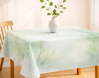 linen look tablecloth, soft green branch border dining table cover, framed edge tablecloth for minimalist dining decor, rectangle tablecloth