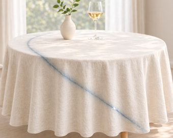 Round Tablecloth Linen Look Neutral Table Setting Decor Soft Textured Tablescape Minimalist Dining Table Cover Blue Line Accent Everyday Use