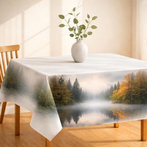 May include: A white tablecloth featuring a scenic landscape of a misty lake surrounded by evergreen and autumn-colored trees. A white vase with green branches sits on the table. The table is made of wood.