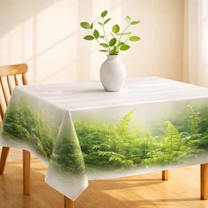 May include: A white tablecloth with a vibrant green fern design. A white vase holds green leafy branches, adding a touch of nature. The table is set on a wooden table with wooden legs.