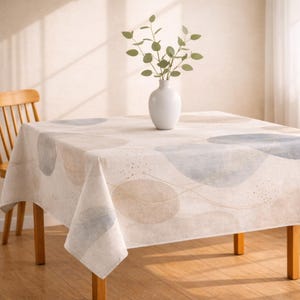 Abstract Neutral Tablecloth, Rectangular Dining Table, Modern Minimal Pattern Table Cover, ,Linen Like Fabric,  Beige Gray Blue Table Decor
