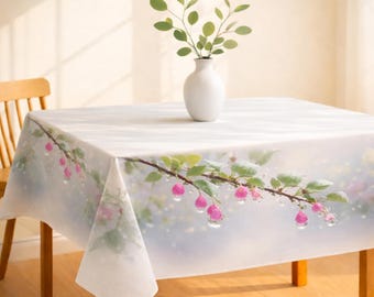 Linen Look Tablecloth – Pink Blossom Branch Border Table Cover, Clean Center Floral Tablecloth for Dining Table, Modern Neutral Home Decor